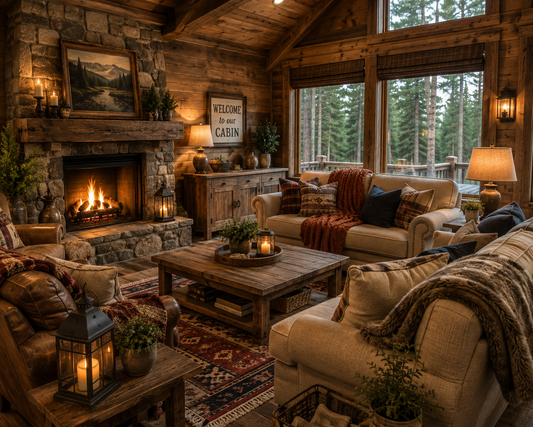 Cozy cabin-style living room with natural wood, warm lighting, and rustic decor