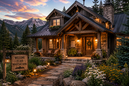 Cozy mountain cabin exterior surrounded by trees, evoking warm rustic home decorating style