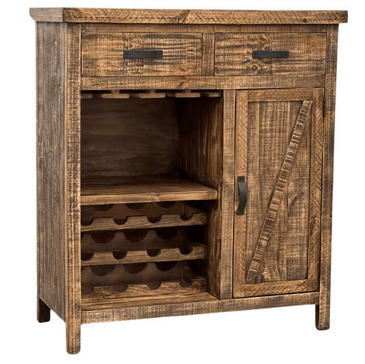 Wooden wine cabinet with a rustic design on a white background