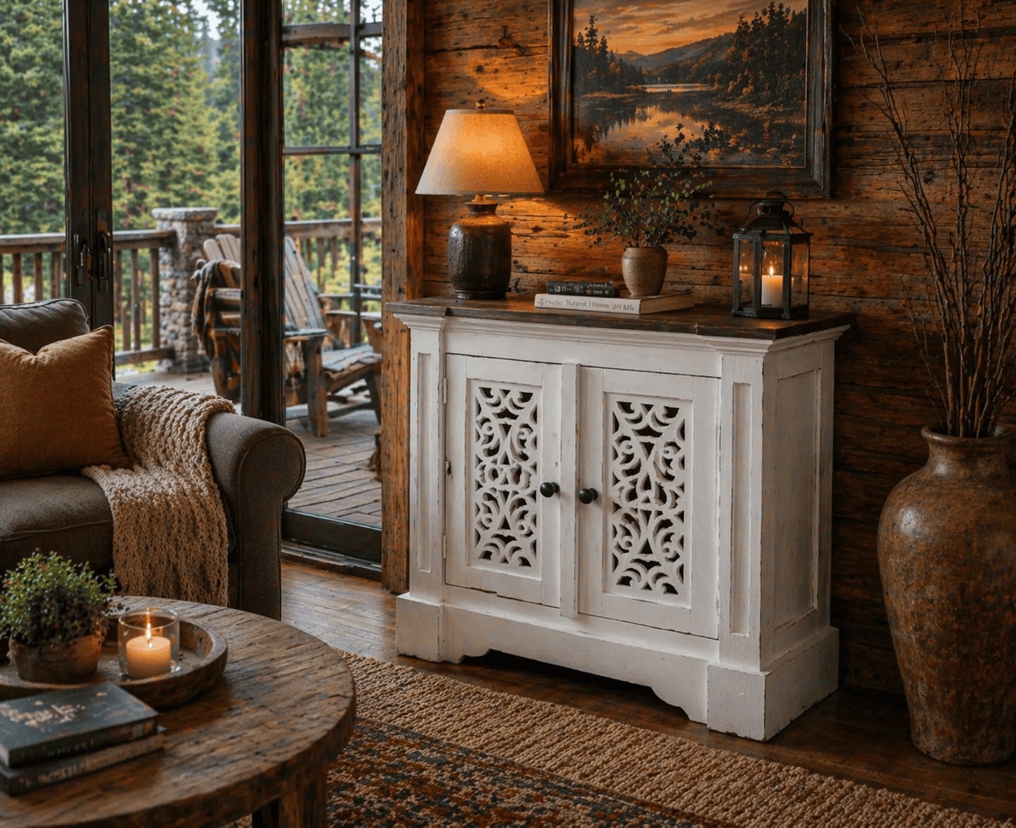 Cozy living room with wooden walls, a white cabinet, and decorative items.