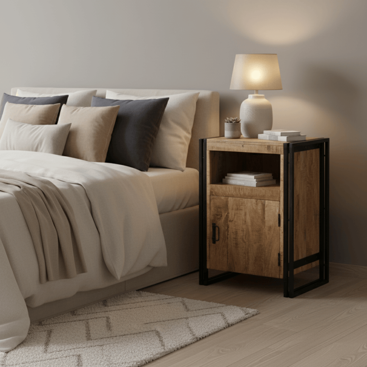 Modern bedroom with a bed, nightstand, and lamp.