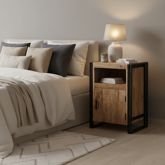 Modern bedroom with a bed, nightstand, and lamp.