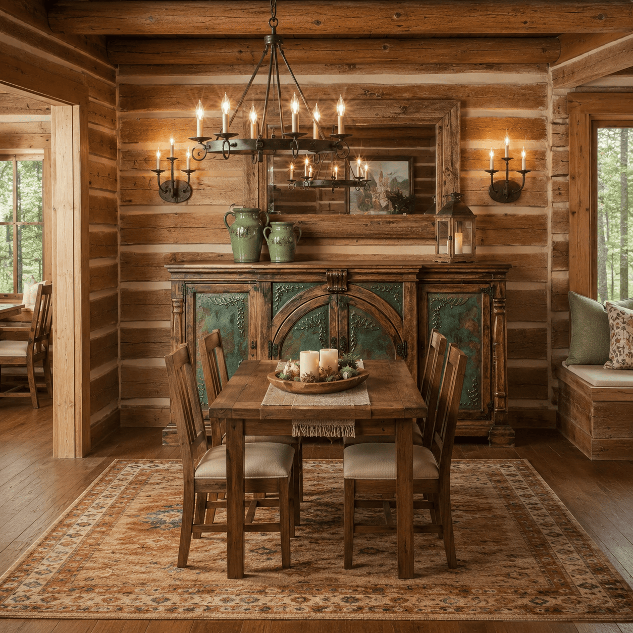 A rustic log cabin dining room featuring a dark wood dining table and four matching chairs on a patterned area rug, set against a wood-paneled wall with a carved wooden cabinet, wall sconces, and a hanging chandelier.