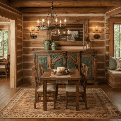 A rustic log cabin dining room featuring a dark wood dining table and four matching chairs on a patterned area rug, set against a wood-paneled wall with a carved wooden cabinet, wall sconces, and a hanging chandelier.
