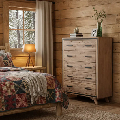 NNEDSZ with 5 Storage Drawers Solid Acacia Wooden Frame in Silver Brush Colour - CozyCompleteHome.com