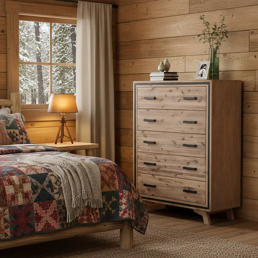 NNEDSZ with 5 Storage Drawers Solid Acacia Wooden Frame in Silver Brush Colour - CozyCompleteHome.com