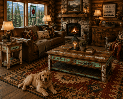 Rustic distressed wood coffee table and matching end table in a cozy log cabin living room with stone fireplace, stained glass, colorful Southwestern rug, mountain views, and golden retriever puppy.