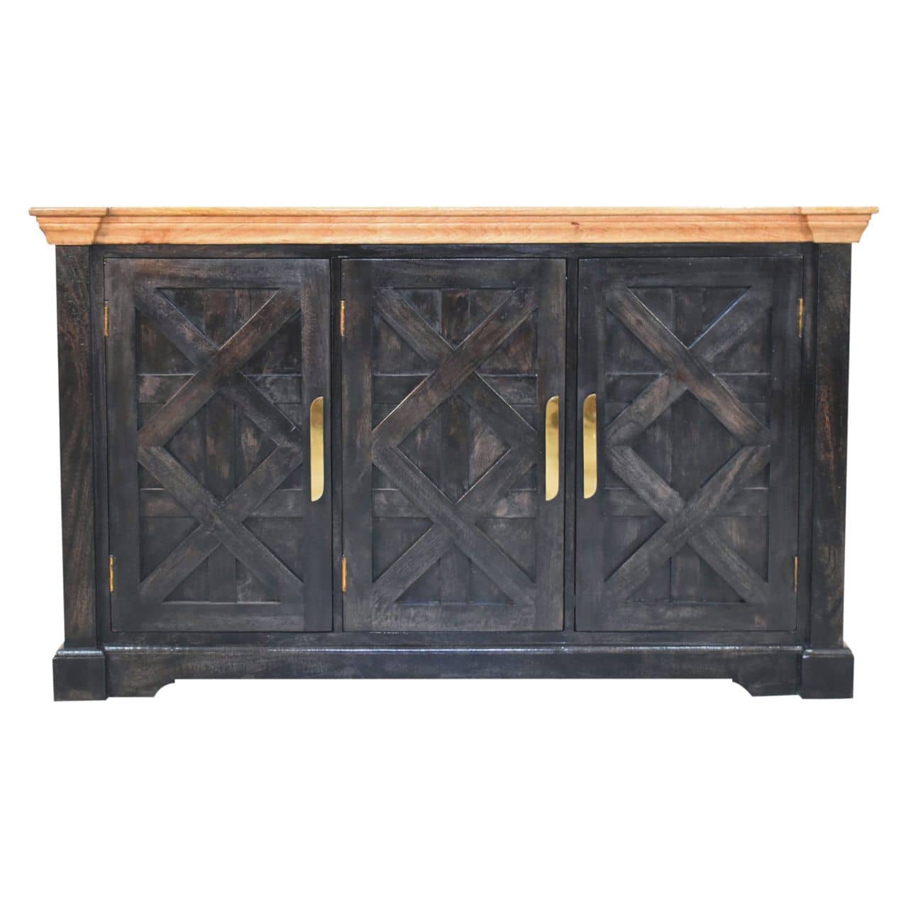 Dark wooden cabinet with cross-patterned doors and gold handles on a white background