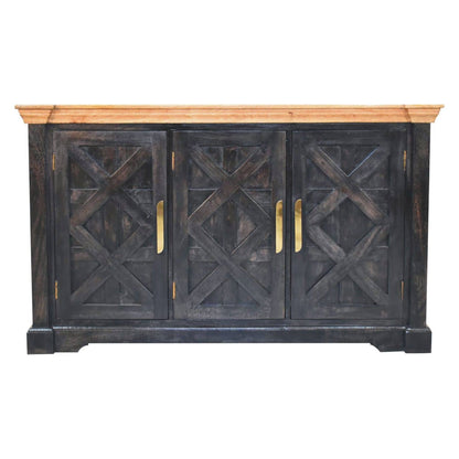 Dark wooden cabinet with cross-patterned doors and gold handles on a white background