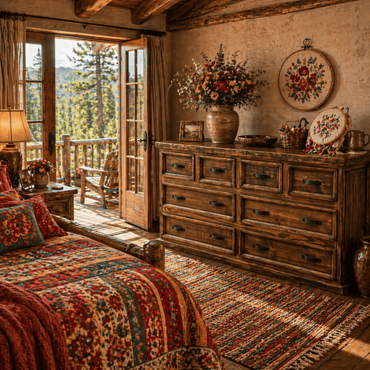 Cozy bedroom with wooden furniture, floral arrangements, and a view of trees.