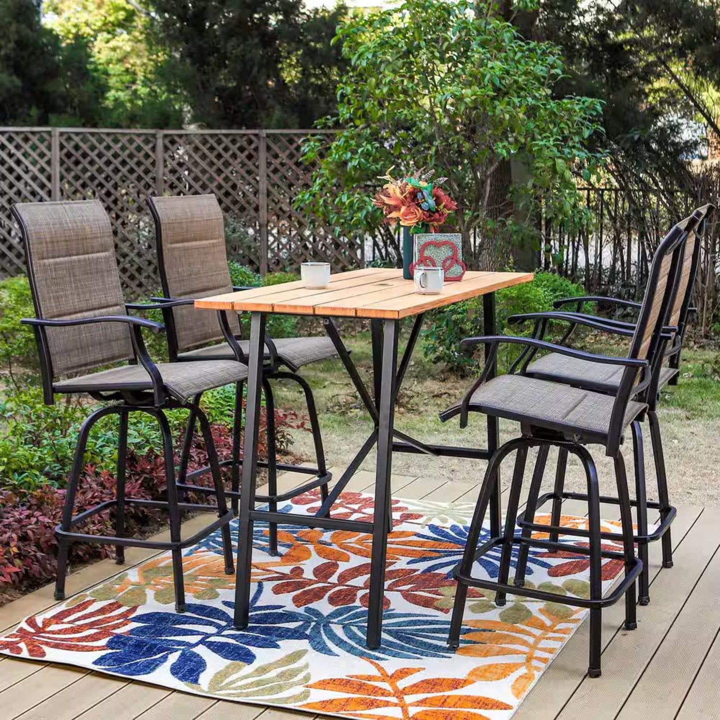 Black 5-Piece Metal Rectangle Outdoor Patio Bar Set with Wood-Look Bar Table and Padded Swivel Bistro Chairs