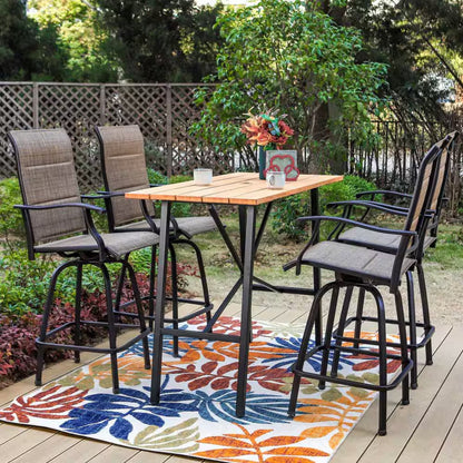 Black 5-Piece Metal Rectangle Outdoor Patio Bar Set with Wood-Look Bar Table and Padded Swivel Bistro Chairs
