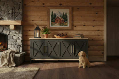 Wooden cabinet with black distressed finish and gold handles on a wooden floor.