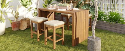 5-Piece Acacia Wood Outdoor Bar Set with Cushions