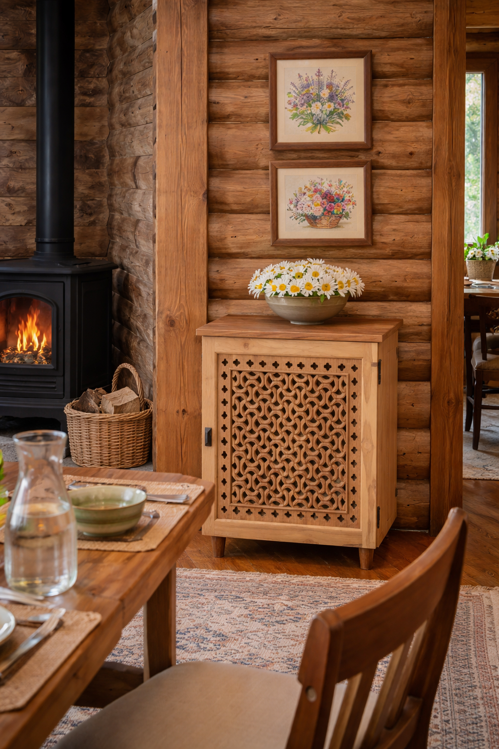 Wooden living room with fireplace, table, chairs, and decorative elements.