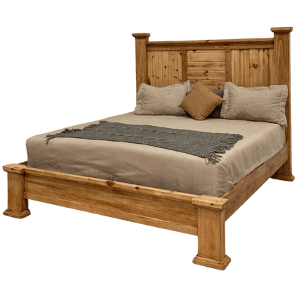 Wooden bed with beige bedding and pillows on a white background