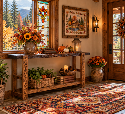 Rustic live-edge wood console in a cozy cabin entryway with fall flowers, pumpkins, stained-glass window, autumn cross-stitch art, colorful rug, and forest views.