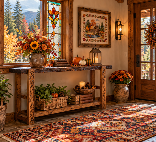 Rustic live-edge wood console in a cozy cabin entryway with fall flowers, pumpkins, stained-glass window, autumn cross-stitch art, colorful rug, and forest views.