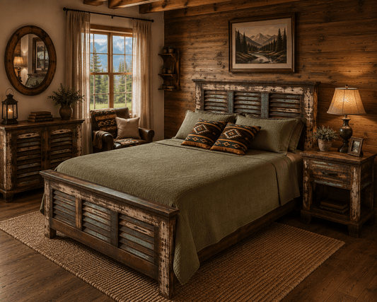 Rustic reclaimed wood bed with olive green bedding in a cozy cabin bedroom with mountain views, Southwestern accents, and matching distressed wood nightstand.