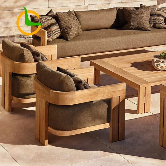 Brown outdoor sofa set with cushions on a patio