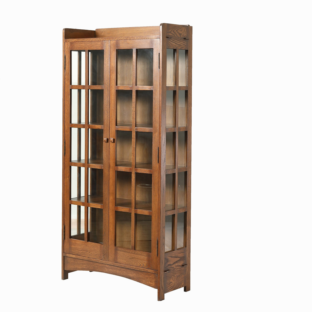 A tall wooden display cabinet with glass-paneled doors and multiple interior shelves, shown on a plain white background.