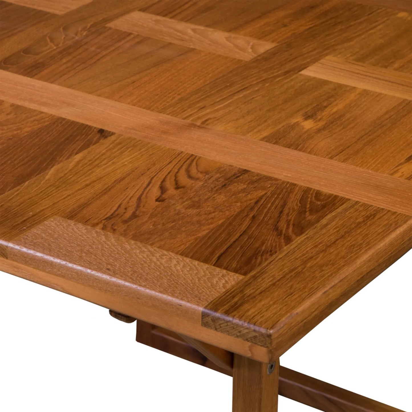 Close-up of a wooden table with a checkered pattern