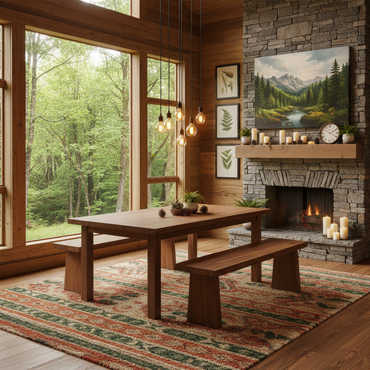 Wooden bench and table set on a light gray floor with a white wall background