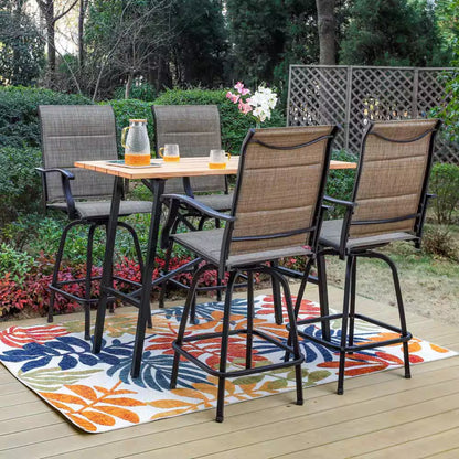 Black 5-Piece Metal Rectangle Outdoor Patio Bar Set with Wood-Look Bar Table and Padded Swivel Bistro Chairs