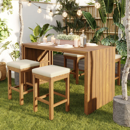 5-Piece Acacia Wood Outdoor Bar Set with Cushions