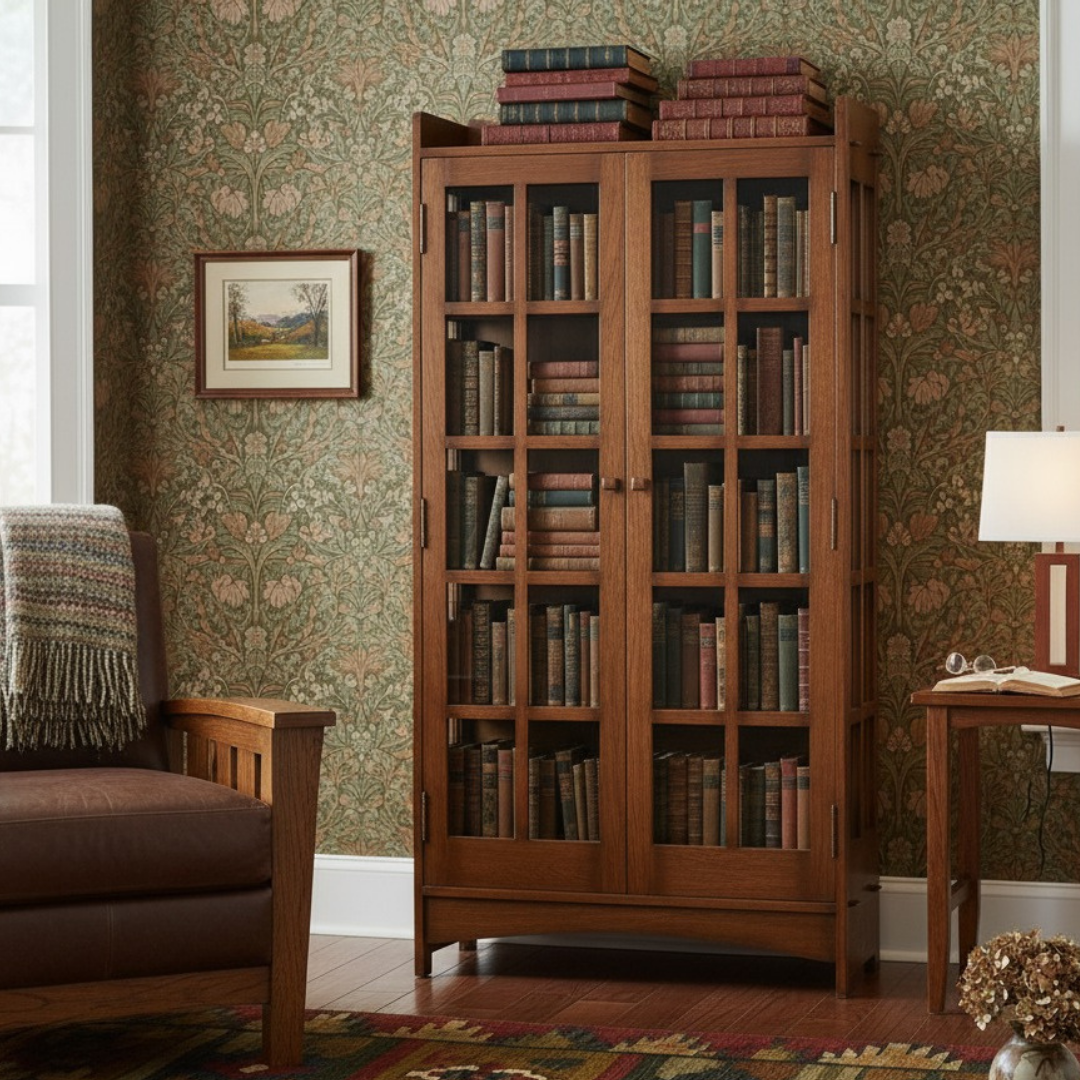 A tall wooden bookcase with two glass-front doors stands in a styled room with patterned wallpaper, books inside, a chair at left, and a side table with a lamp at right.