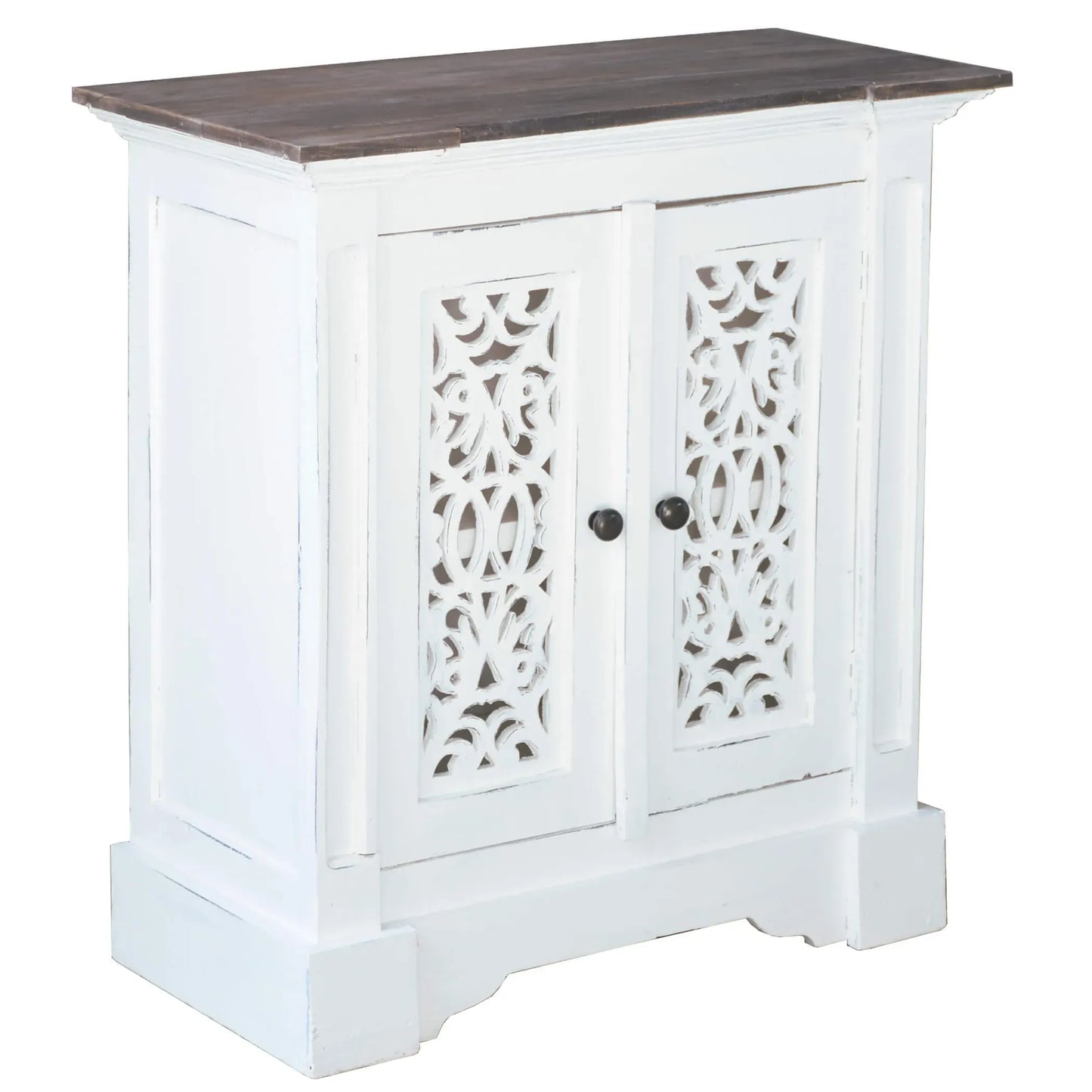 White cabinet with decorative cut-out design on doors against a white background