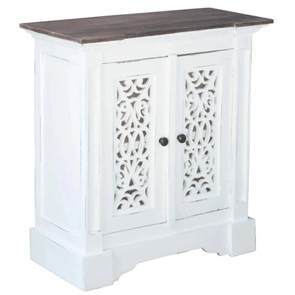 White cabinet with decorative cut-out design on doors against a white background