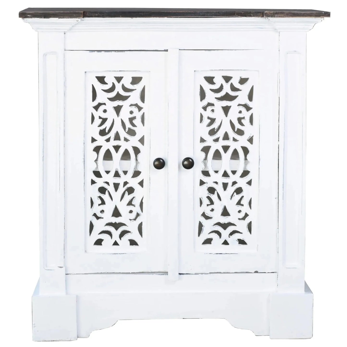 White cabinet with decorative cut-out patterns on a white background