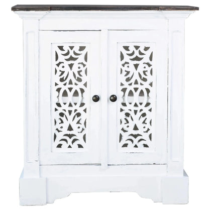 White cabinet with decorative cut-out patterns on a white background