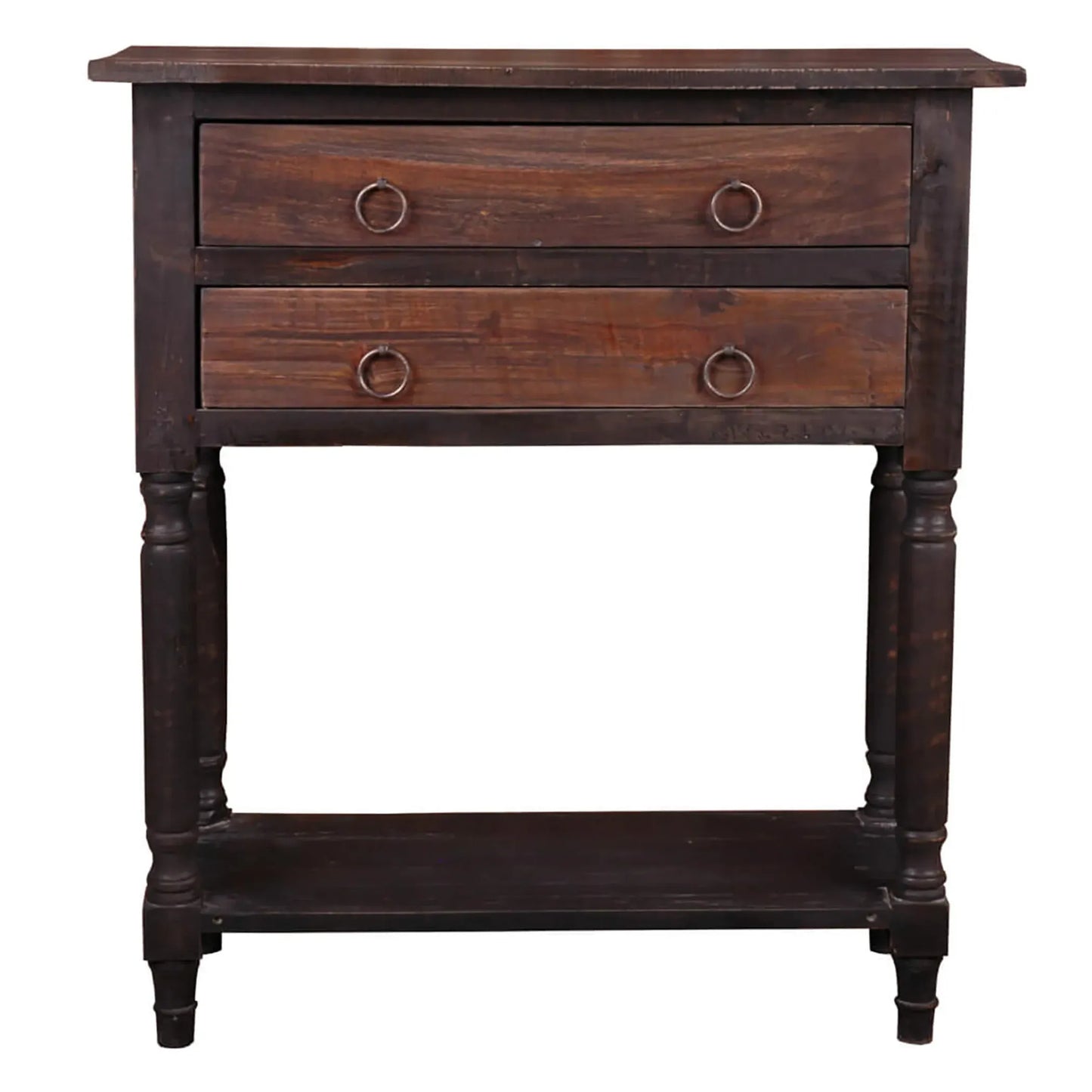Wooden side table with two drawers on a white background