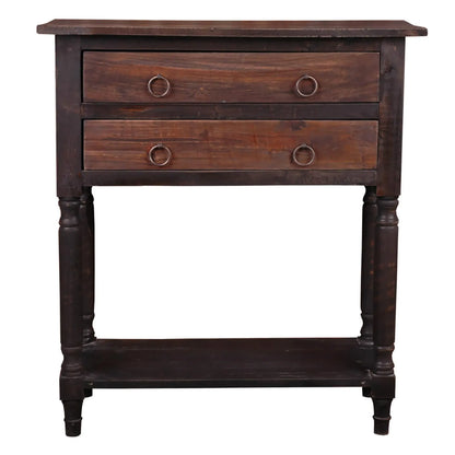 Wooden side table with two drawers on a white background