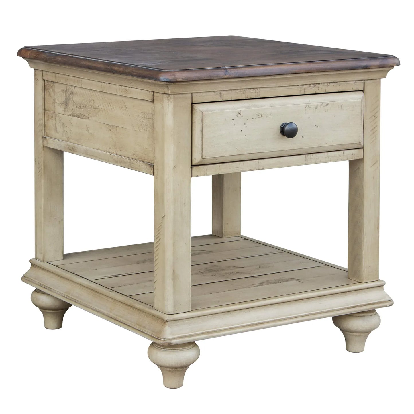 Rustic cream and walnut Shades of Sand End Table with a drawer on a white background