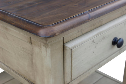 Rustic cream and walnut Shades of Sand End Table with a dark brown top and light wooden base.