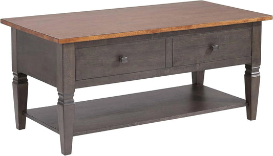 Wooden coffee table with a gray base and brown top on a white background
