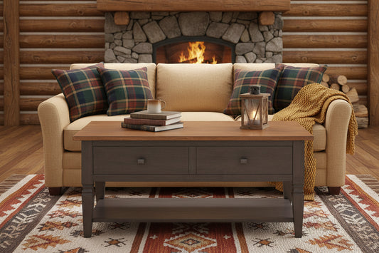 Wooden coffee table with a gray base and brown top on a white background