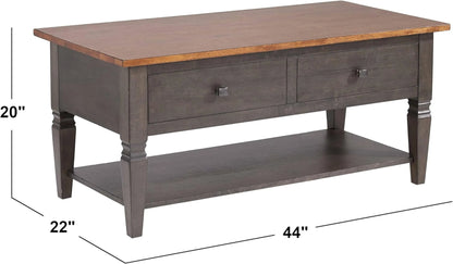 Wooden coffee table with dimensions labeled on a white background