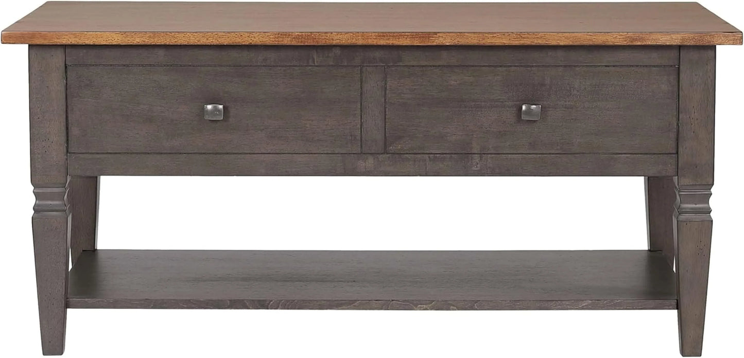 Wooden coffee table with two drawers and a shelf on a white background