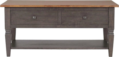 Wooden coffee table with two drawers and a shelf on a white background