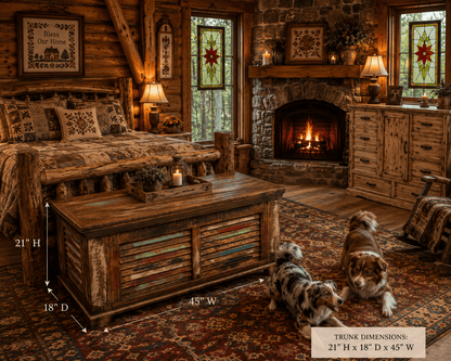Rustic multicolor wood trunk in a cozy cabin bedroom with stone fireplace, stained glass windows, colorful rug, cross-stitch wall art, and Australian Shepherds.