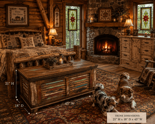 Rustic multicolor wood trunk in a cozy cabin bedroom with stone fireplace, stained glass windows, colorful rug, cross-stitch wall art, and Australian Shepherds.
