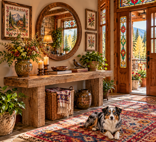 Rustic reclaimed wood console table in a cozy cabin entryway with stained glass windows, cross-stitch wall art, colorful rug, mountain forest views, and a blue merle Australian Shepherd.
