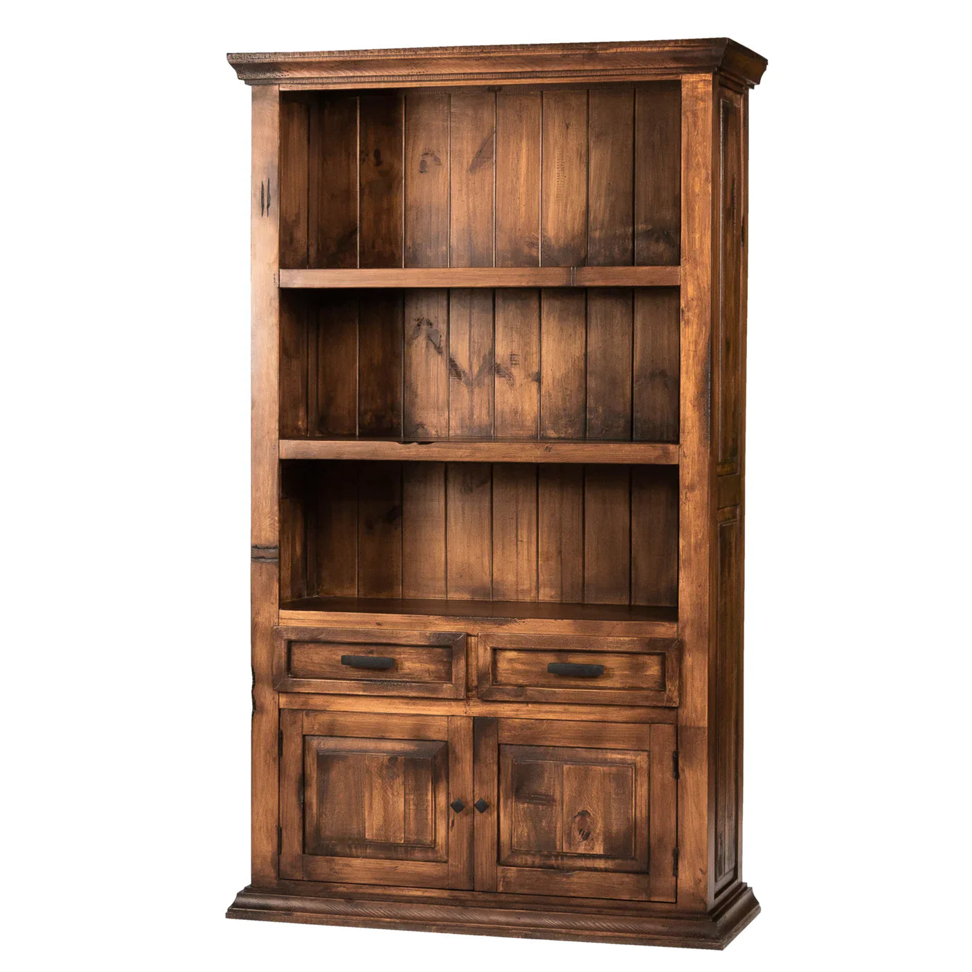 Rustic wooden bookcase with drawers featuring open shelves and smooth-gliding drawers in a warm toasted finish.