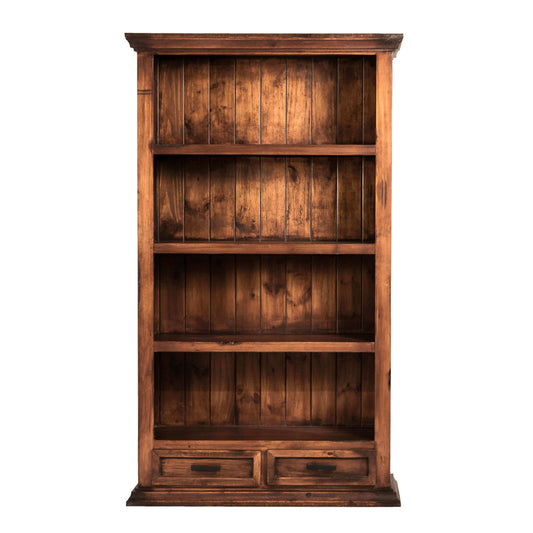 Floresville 2 Drawer Bookcase featuring four shelves and two drawers in rustic wood finish.