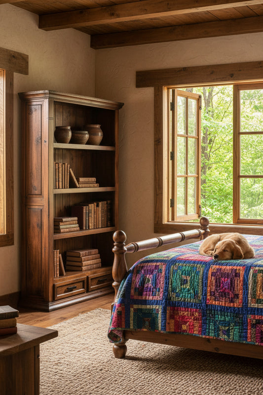 Floresville 2 Drawer Bookcase in a rustic bedroom setting with colorful quilt and open windows.
