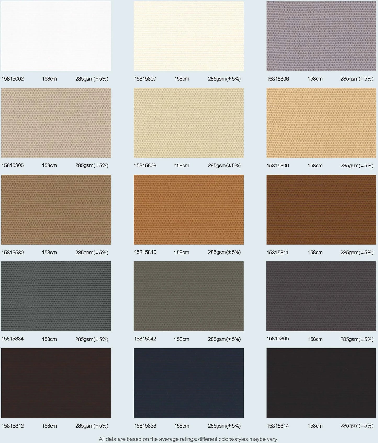 Grid of fabric swatches in various colors on a white background